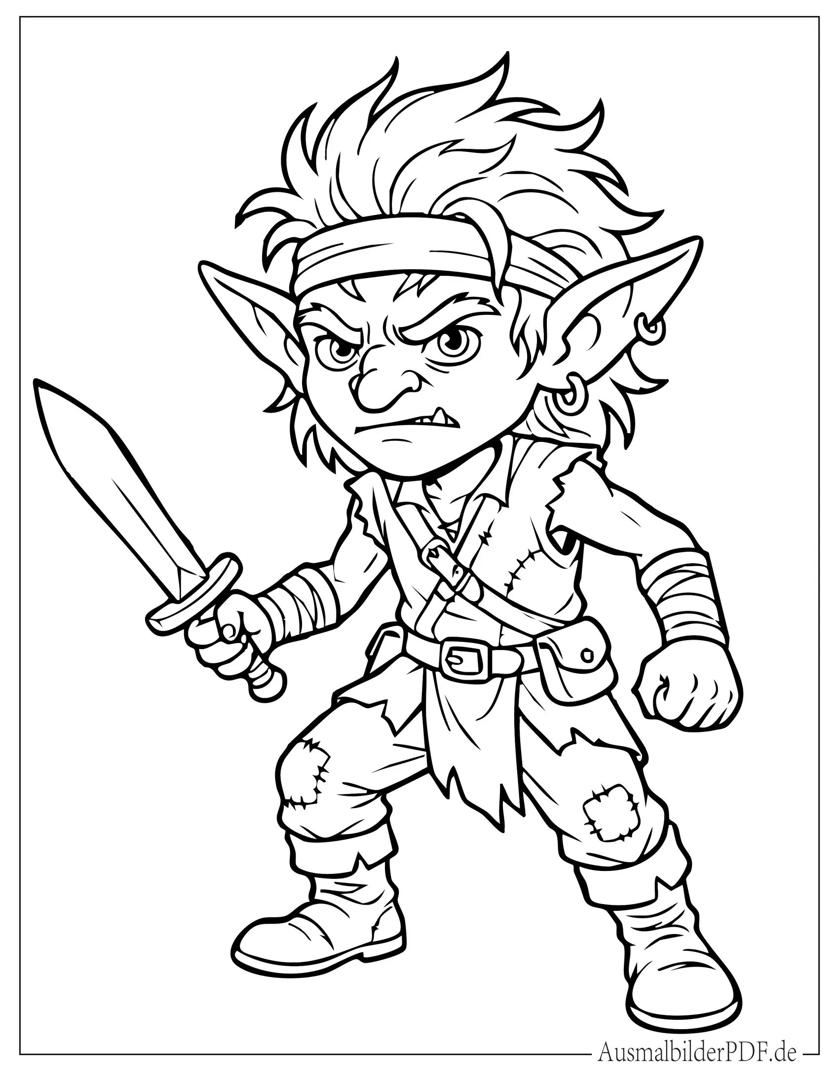 Grimmiger Kobold hält ein kleines Schwert Ausmalbild