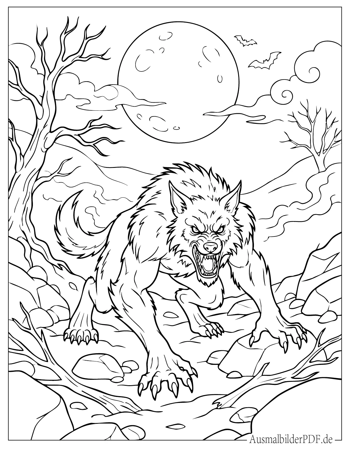 Grimmiger Werwolf unter dem Vollmond zum Ausmalen