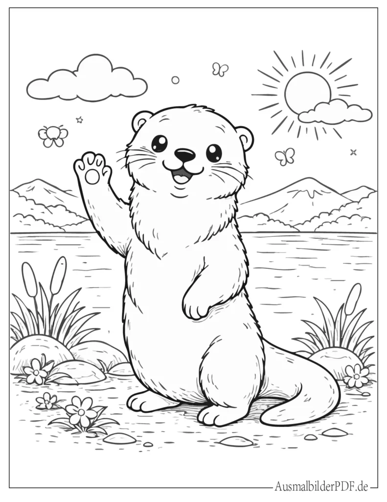 Ausmalbild eines Otters, der eine Pfote hebt und winkt, ideal für Kinder zum Ausmalen und Ausdrucken