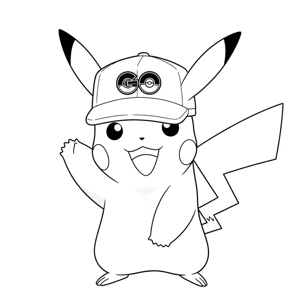 Diese Ausmalvorlage zeigt Pikachu aus Pokémon GO beim fröhlichen Winken – ein verspieltes Motiv zum Ausdrucken und kreativen Gestalte