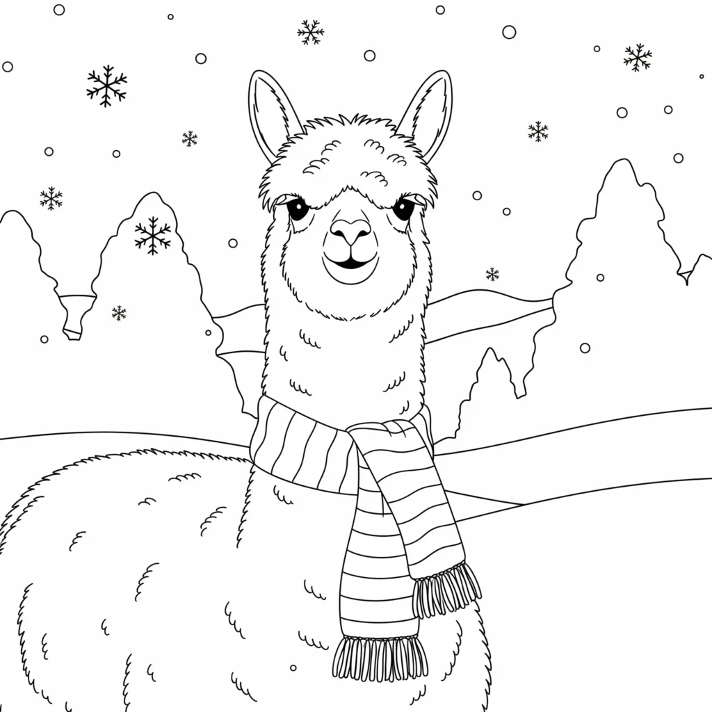 12 Alpaka Ausmalbilder (Kostenlos Malvorlage zum Ausdrucken) Winterliches Alpaka mit Schal auf verschneiter Wiese, Malvorlage zum Ausdrucken für Kinder