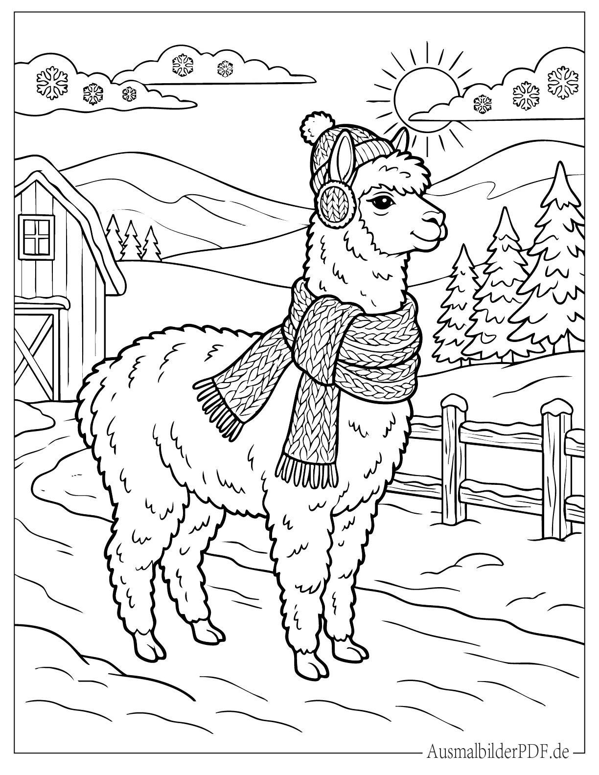 Winter Alpaka mit Schal steht im Schnee Ausmalbild