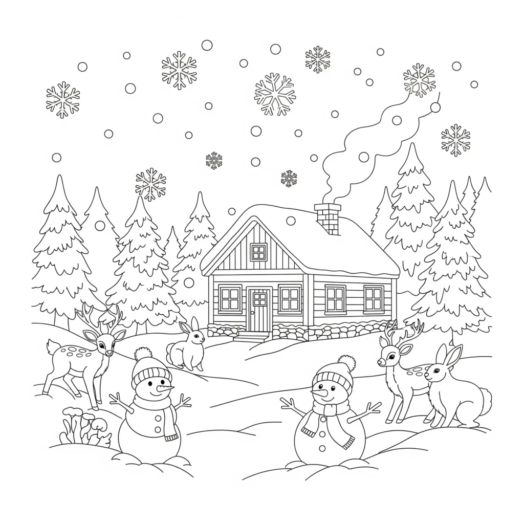 20+ Ausmalbilder Winter (Kostenlos Malvorlage zum Ausdrucken) Ein verschneites Dorf mit kleinen Häusern, schneebedeckten Dächern und fallenden Flocken. Dieses Bild eignet sich als winter ausmalbild Vorlage zum Ausdrucken.