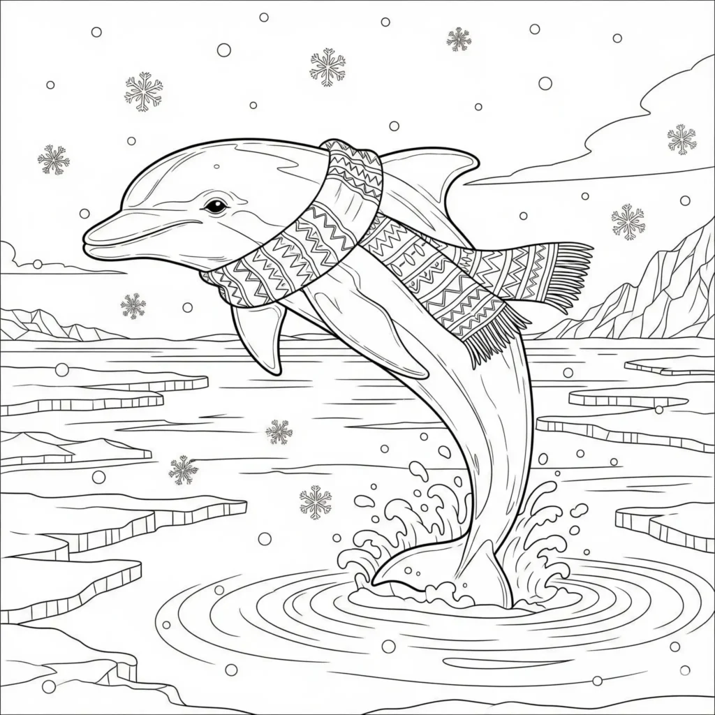 ausmalbild delfin zeigt einen delfin im winter mit schneeflocken zum ausdrucken kostenlos als pdf für kinder