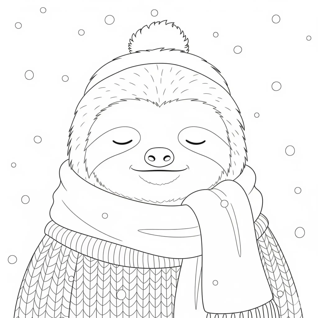 Faultier ausmalbild zum Ausdrucken kostenlos. Ein Faultier trägt einen warmen Schal im Winter – eine liebevolle Malvorlage für Kinder in der kalten Jahreszeit.