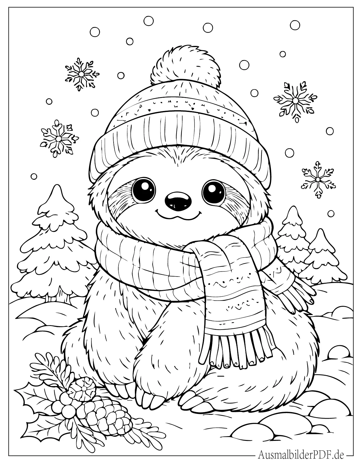 10 Faultier Ausmalbilder (Gratis Vorlagen zum Ausdrucken) Niedliches Winter Faultier mit Schal Ausmalbild für Kinder