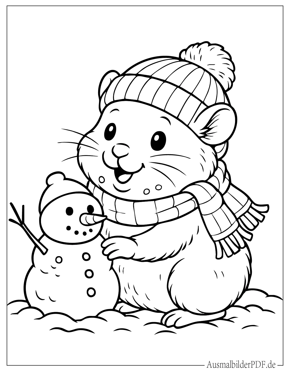 Winter Hamster trägt Mütze und Schal mit Schneemann Ausmalbild