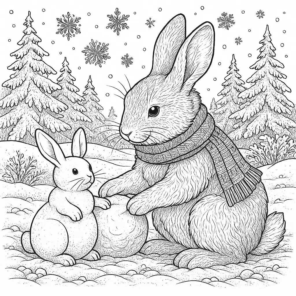 Ausmalbild eines Hasen mit Schal, der einen Schneehasen baut