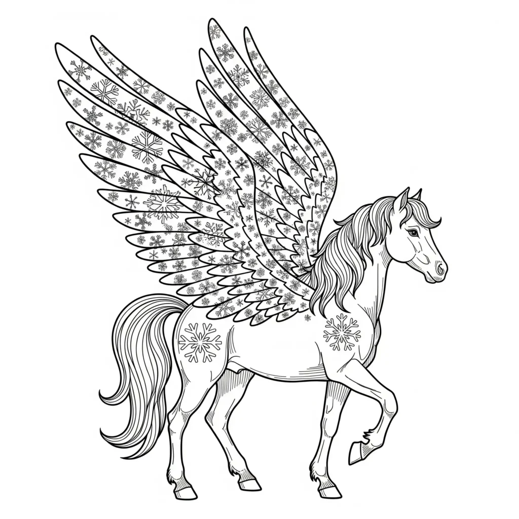 Ein Pegasus mit schneeflockenförmigen Flügeln fliegt durch eine winterliche Landschaft. Diese Ausmalbild-PDF ist ideal für die kalte Jahreszeit
