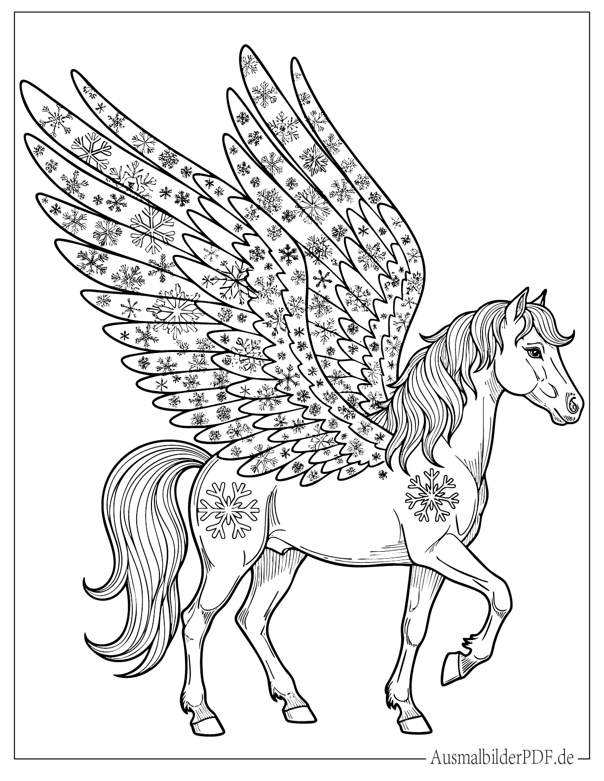 Winter Pegasus mit Schneeflocken Flügeln Ausmalbild