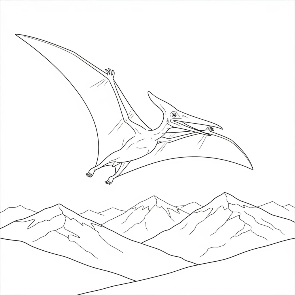 Pteranodon Ausmalbild fliegend über verschneite Berge zum Ausdrucken