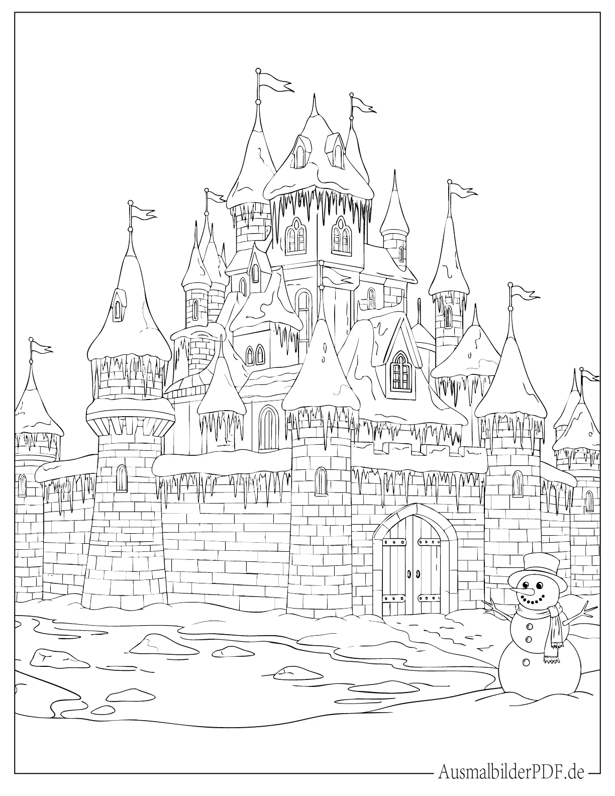Winterschloss bedeckt mit Schnee Ausmalvorlage