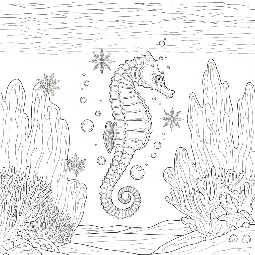 Ausmalbild mit einem Seepferdchen im Winterlook, umgeben von Schneeflocken – perfekt zum kostenlosen Ausdrucken für Kinder in der Winterzeit