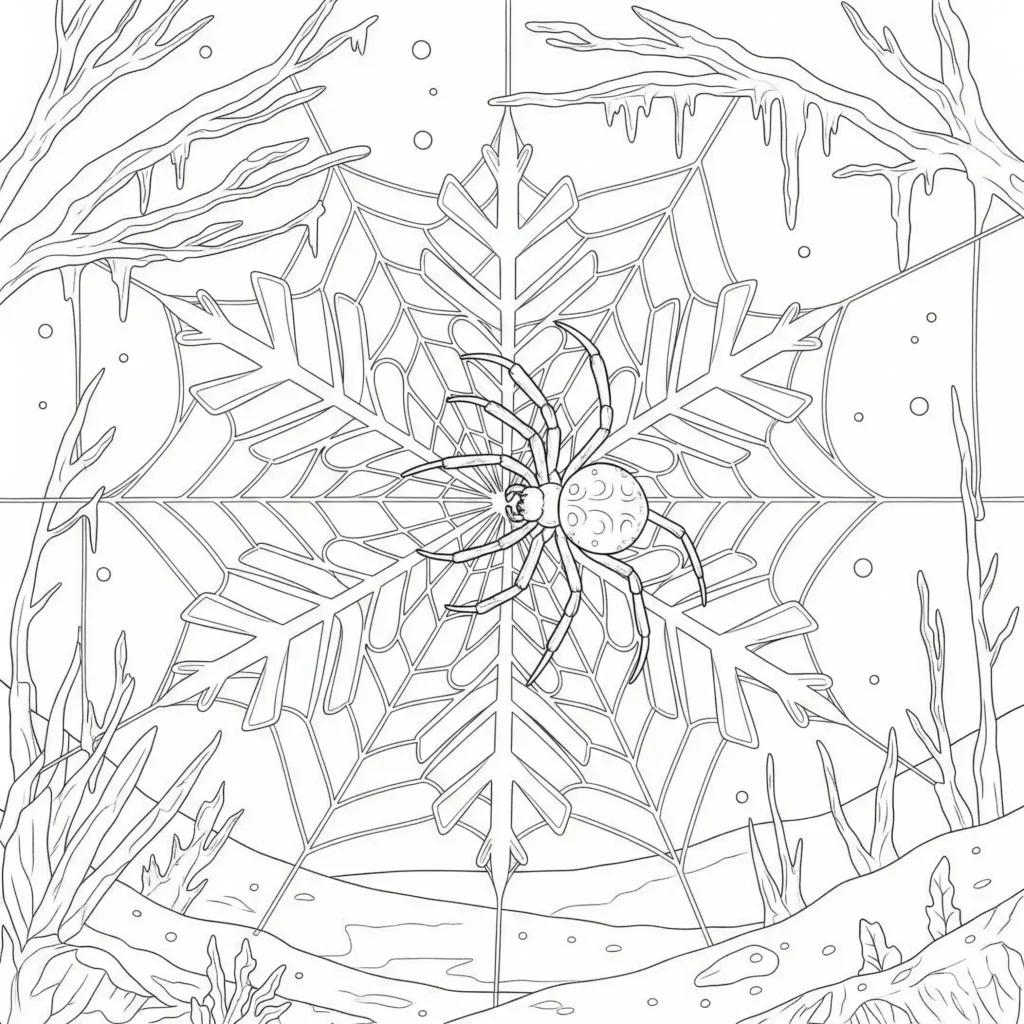 Winterliches Ausmalbild mit einer Spinne auf einem Schneeflocken-Spinnennetz zum Ausdrucken für Kinder