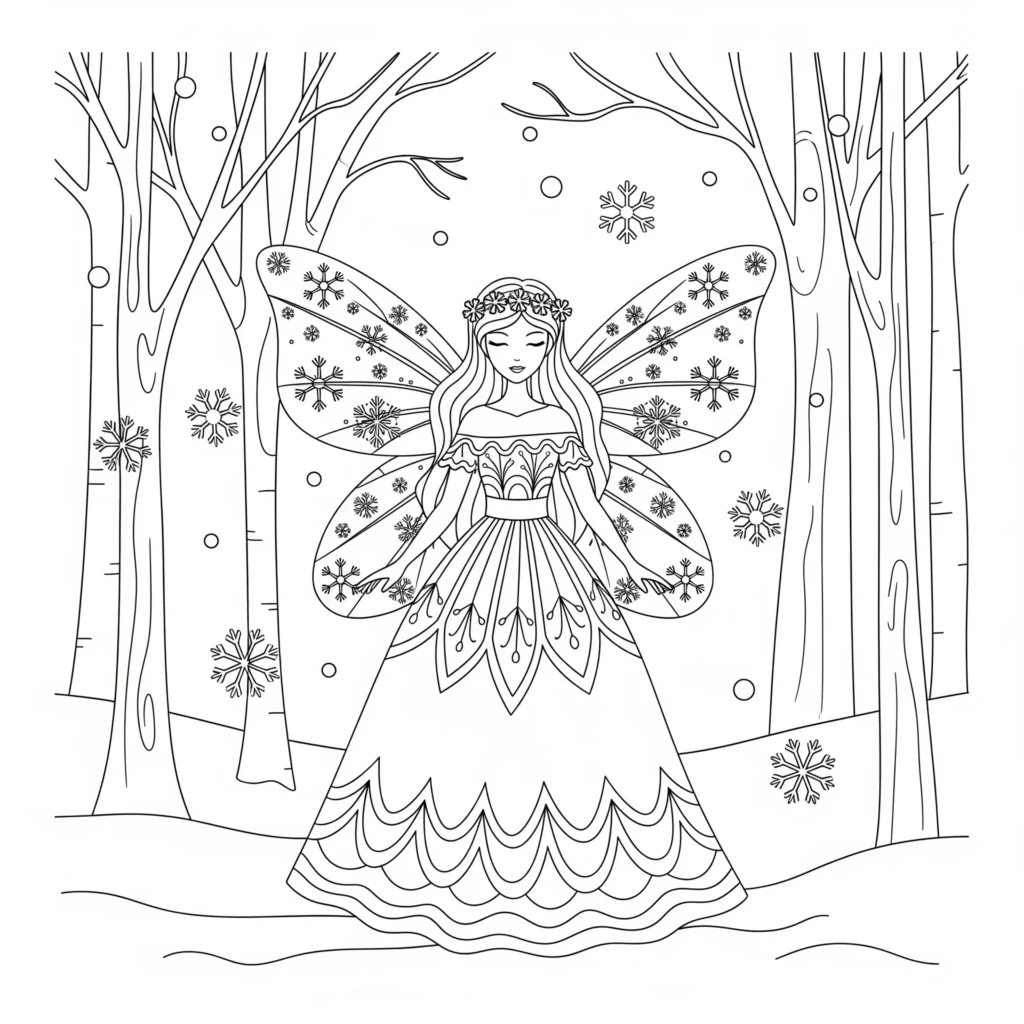 16 Feen Ausmalbilder (Kostenlos Malvorlage zum Ausdrucken) Das Winter Fee Ausmalbild zeigt eine Fee mit zarten Schneeflockenflügeln. Eine schöne Vorlage zum Ausdrucken und winterlichen Ausmalen.