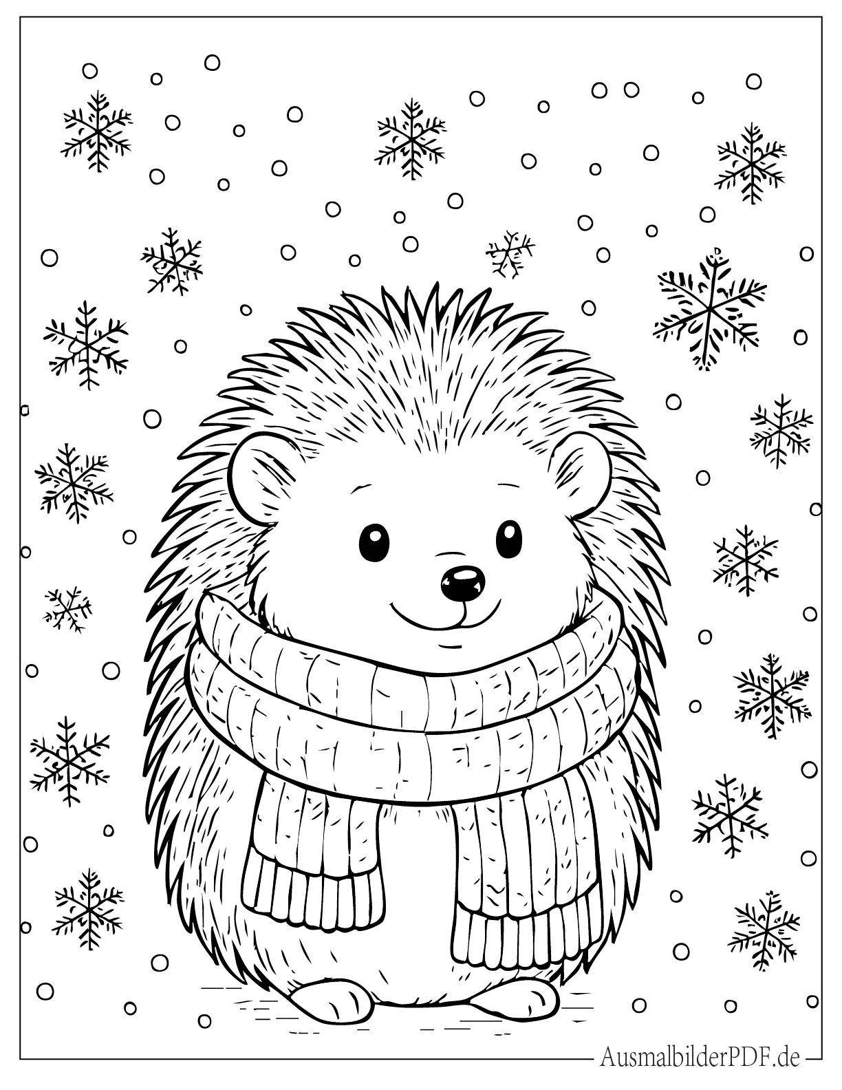 26 Ausmalbilder Igel (Kostenlose Druckvorlagen zum Download) Winter Igel mit gemütlichem Schal und Schneeflocken zum Ausmalen