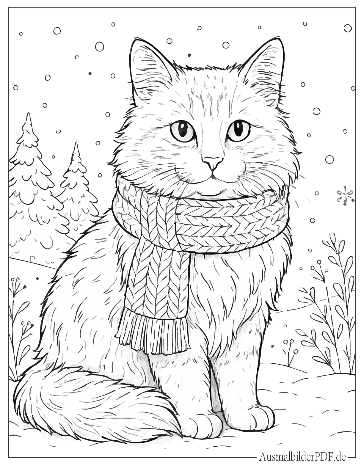 Verschneite Winterkatze trägt einen Schal Malvorlage