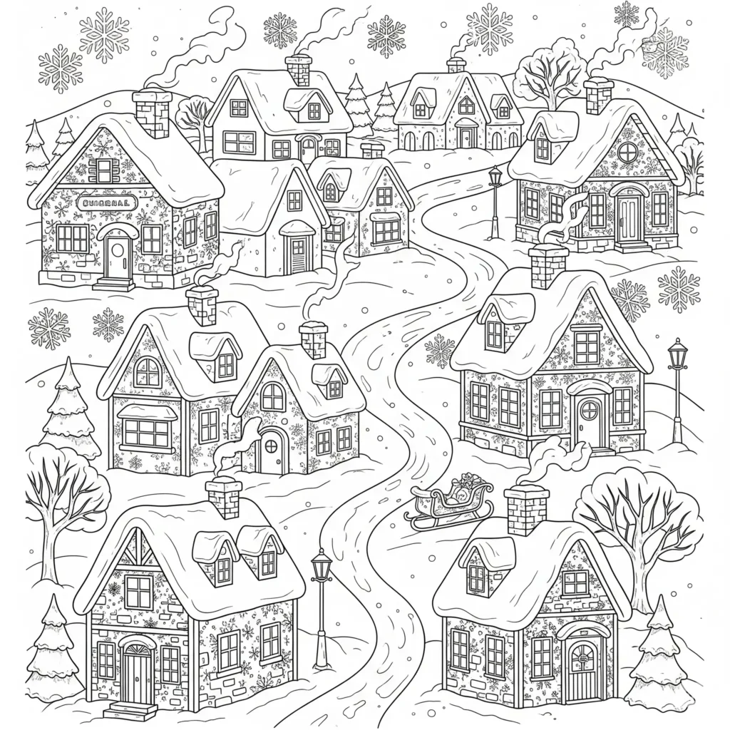 20+ Ausmalbilder Winter (Kostenlos Malvorlage zum Ausdrucken) Ein Winter ausmalbild Motiv zeigt eine märchenhafte Stadt mit schneebedeckten Häusern, Laternen und winterlicher Atmosphäre. Ideal zum Ausmalen und Ausdrucken.