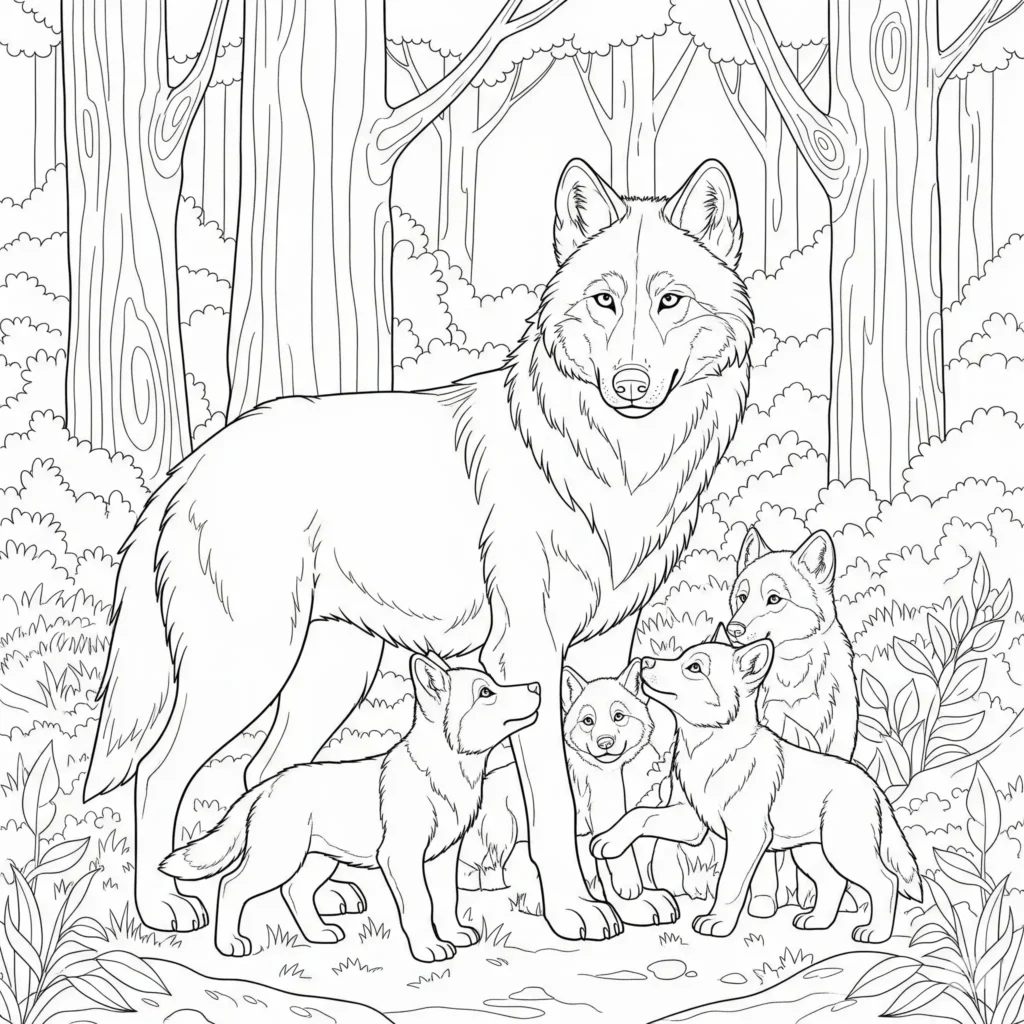 Malvorlage einer Wolfsfamilie mit Eltern und Jungtieren zum Ausdrucken und Ausmalen für Kinder