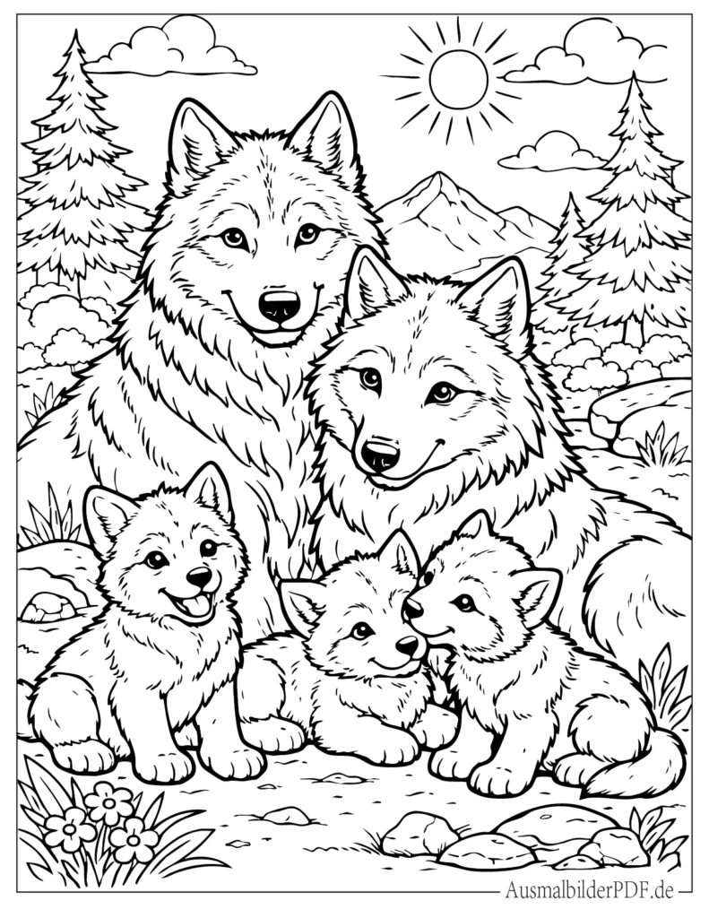Malvorlage einer Wolfsfamilie mit Eltern und Jungtieren zum Ausdrucken und Ausmalen für Kinder