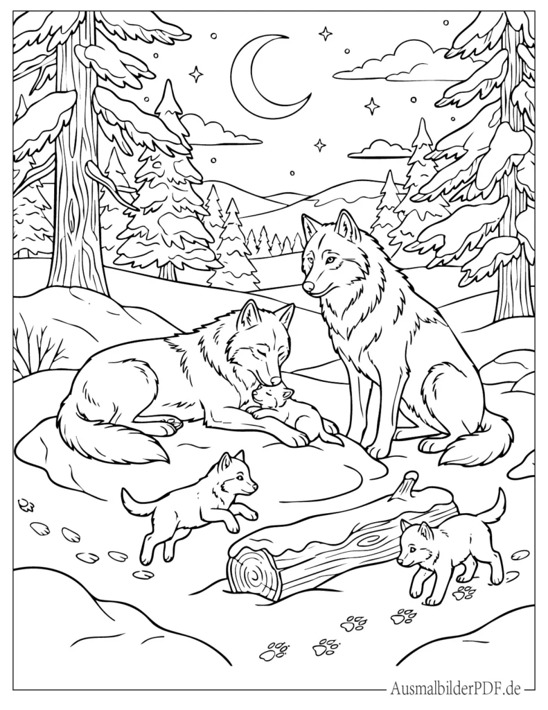Ausmalbild einer Wolfsfamilie im Schnee mit mehreren Wölfen in winterlicher Landschaft, geeignet zum Ausdrucken und Ausmalen