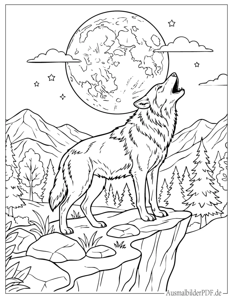 Malvorlage eines heulenden Wolfes auf einer Klippe, perfekt zum Ausdrucken und Ausmalen für Kinder und Erwachsene