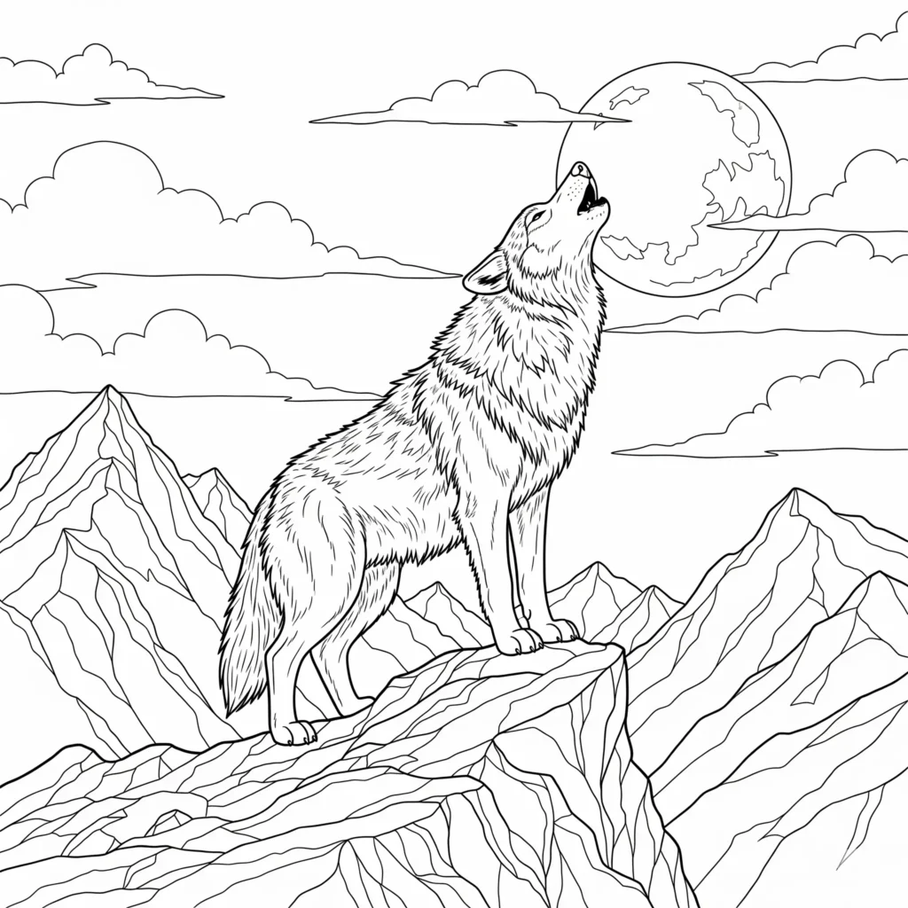 Diese Wolf Ausmalbild zeigt einen , der auf einer Klippe heult. Ideal zum Ausdrucken und Ausmalen für alle Altersgruppen.