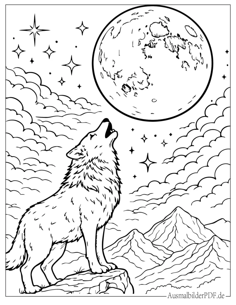 Wolf heult zum Mond Ausmalbild, stimmungsvolle Malvorlage für Kinder und Erwachsene zum Ausdrucken