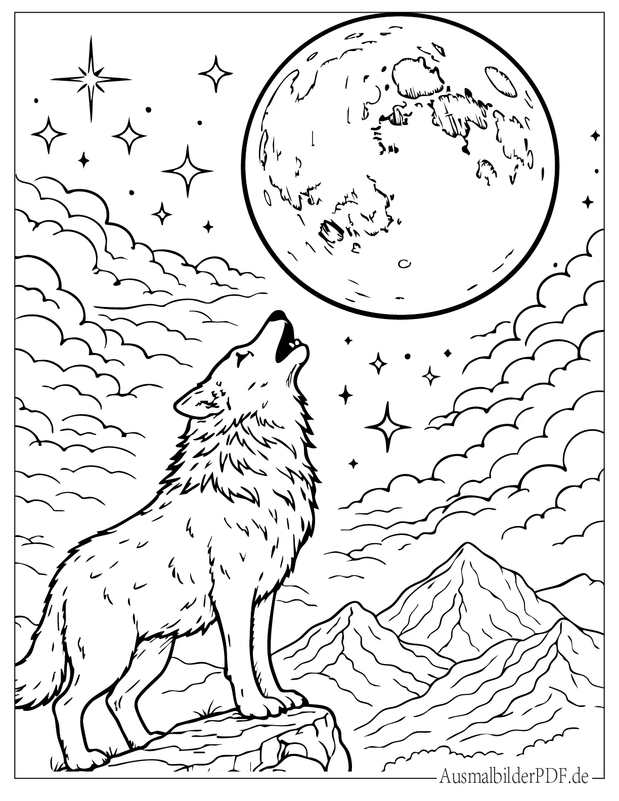 Wolf steht auf einer Klippe und heult den Mond Ausmalvorlage