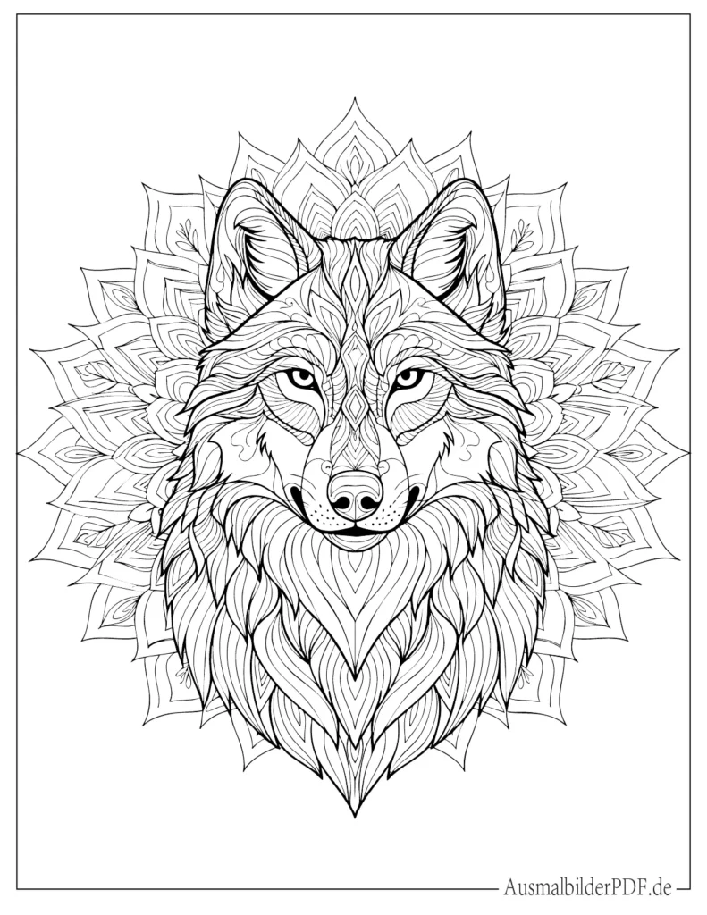 Mandala Ausmalbild mit Wolf-Motiv, ideal zum Ausdrucken und entspannenden Ausmalen für Kinder und Erwachsene