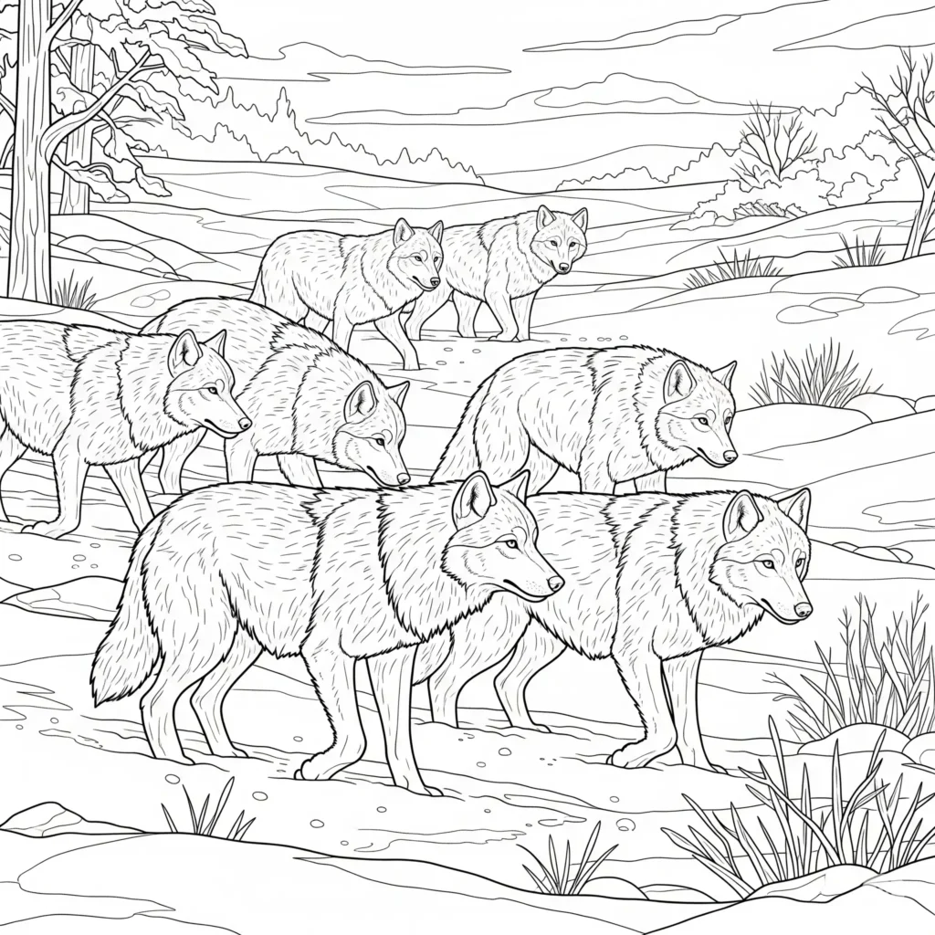 Ausmalbild eines Wolf Rudels im Schnee, ideal zum Ausdrucken und Ausmalen für Kinder und Familien