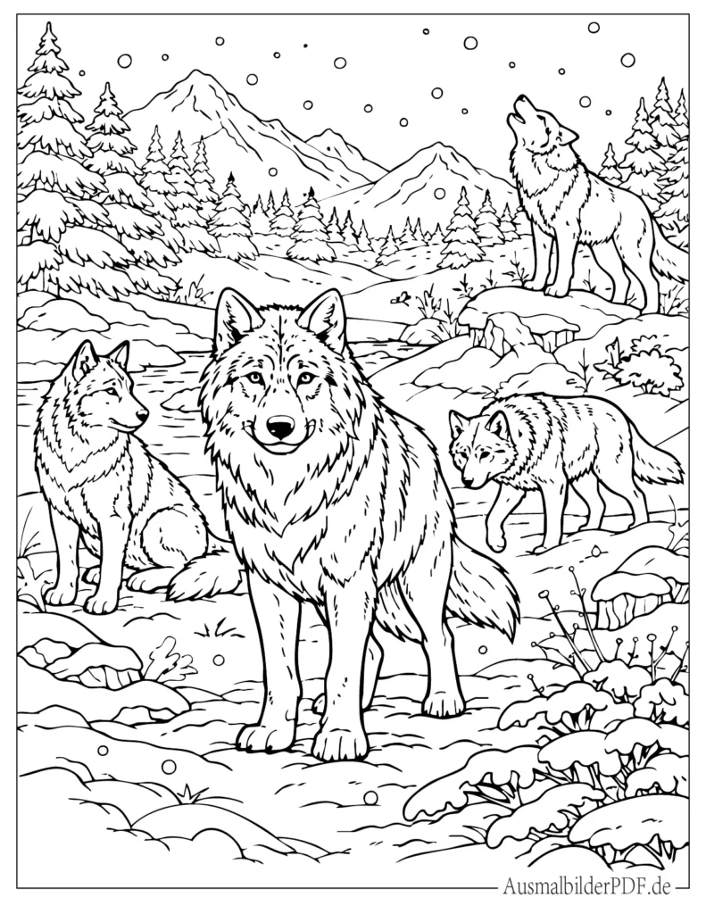 Malvorlage eines Wolf Rudels im Schnee, ideal zum Ausdrucken und Ausmalen für Kinder und Familien