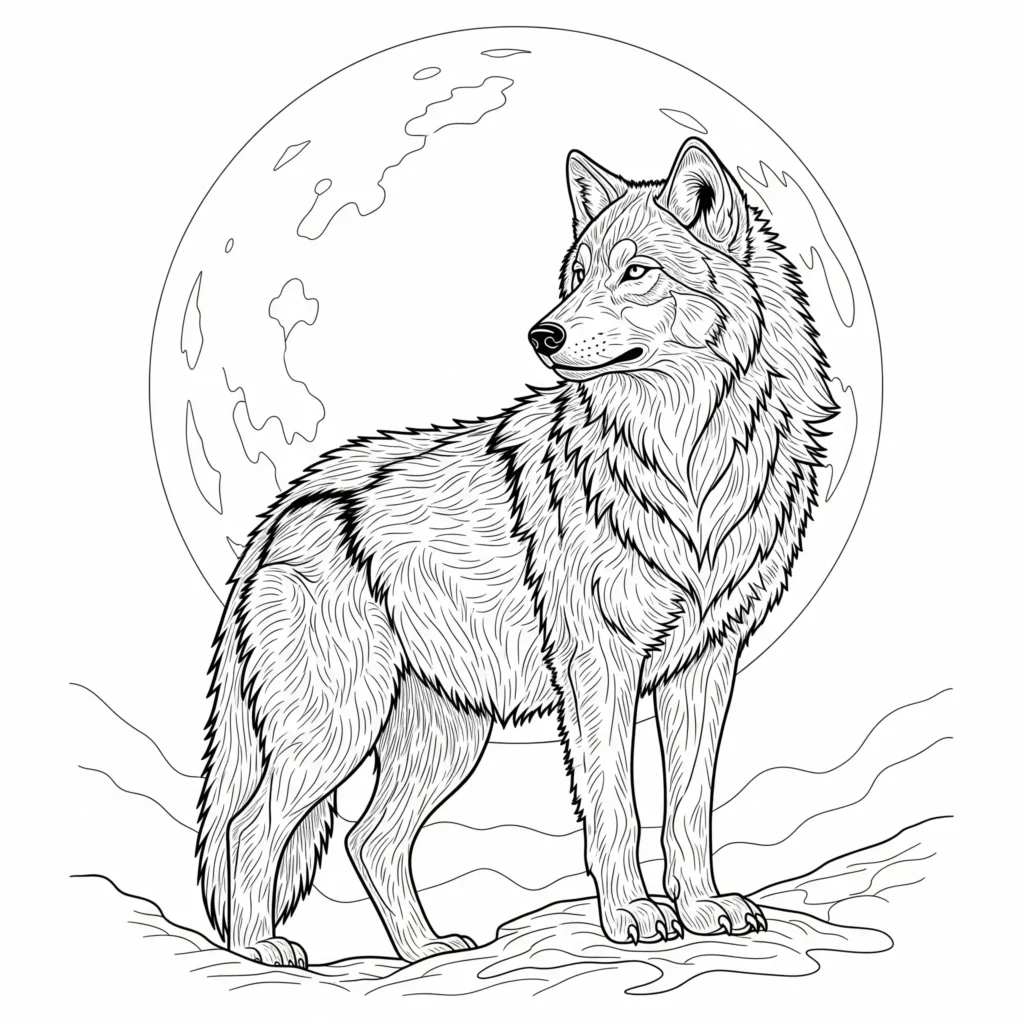 Ausmalbild eines Wolfes vor dem Vollmond, ideal zum Ausdrucken und Ausmalen für Kinder