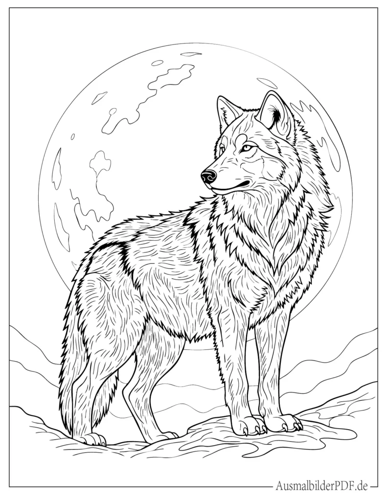 Ausmalbild eines Wolfes vor dem Vollmond, ideal zum Ausdrucken und Ausmalen für Kinder