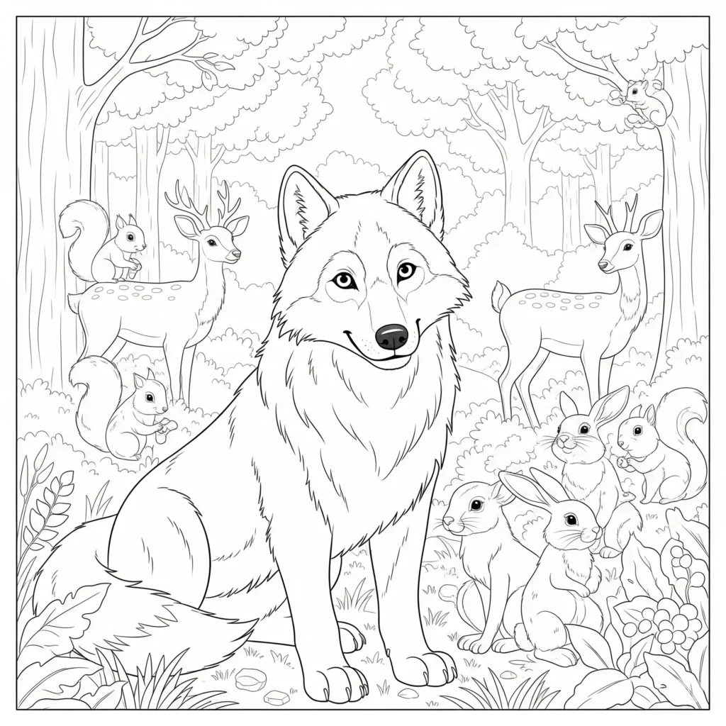 Ausmalbild mit Wolf und verschiedenen Waldtieren, ideal zum Ausdrucken und Ausmalen für Kinder