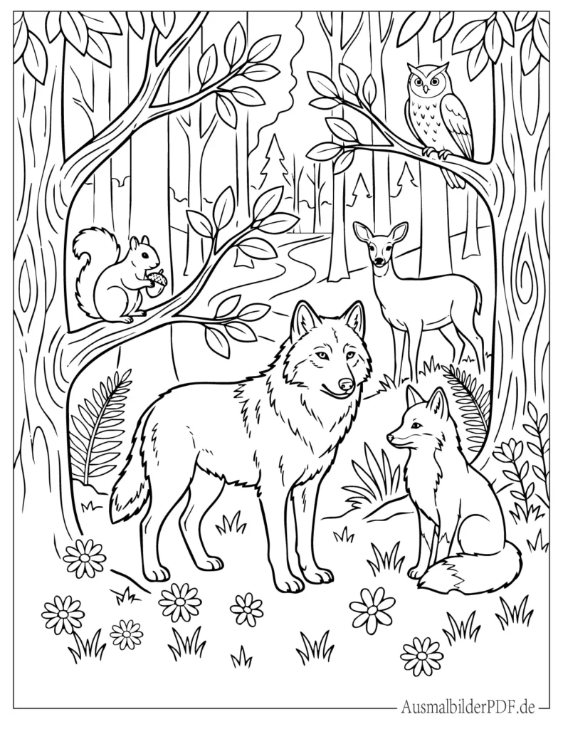Ausmalbild mit Wolf und verschiedenen Waldtieren, ideal zum Ausdrucken und Ausmalen für Kinder