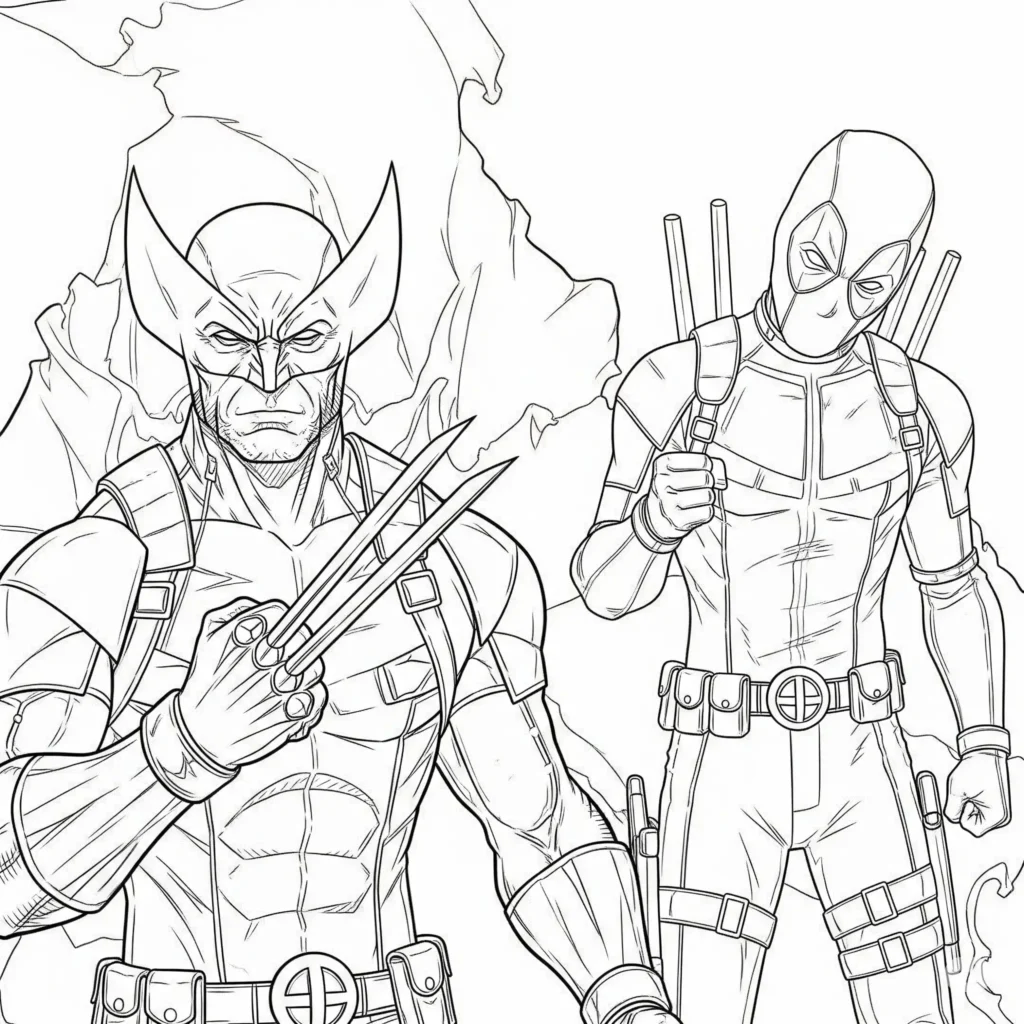 Wolverine und Deadpool stehen zusammen in dynamischer Pose – coole Ausmalvorlage für Kinder und Fans der Superhelden zum kostenlosen Drucken