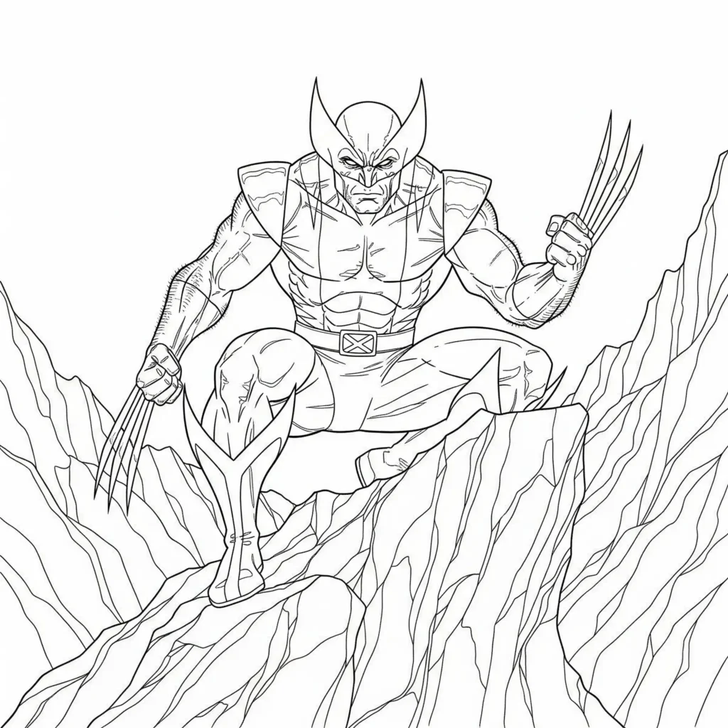 Wolverine sitzt ruhig auf einer hohen Felsklippe mit Blick in die Ferne – eine ausdrucksstarke Malvorlage zum Ausdrucken für Kinder und Superhelden-Fans