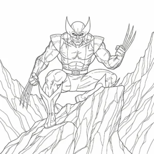 Wolverine sitzt ruhig auf einer hohen Felsklippe mit Blick in die Ferne – eine ausdrucksstarke Malvorlage zum Ausdrucken für Kinder und Superhelden-Fans