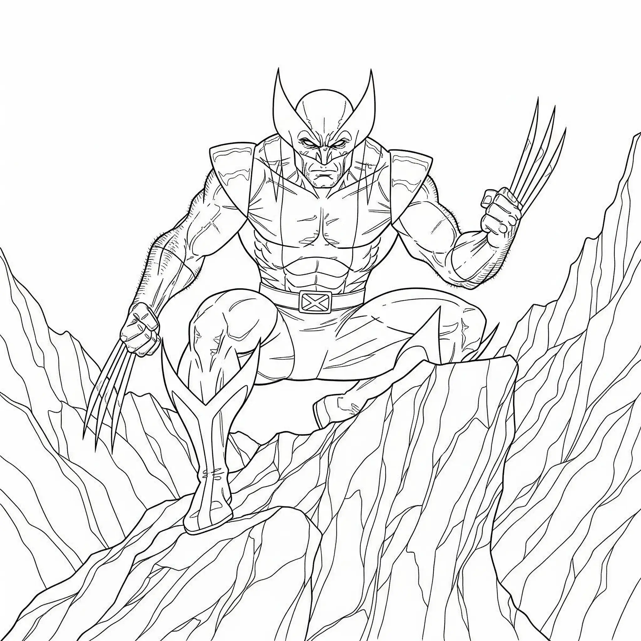 Wolverine sitzt ruhig auf einer hohen Felsklippe mit Blick in die Ferne – eine ausdrucksstarke Malvorlage zum Ausdrucken für Kinder und Superhelden-Fans