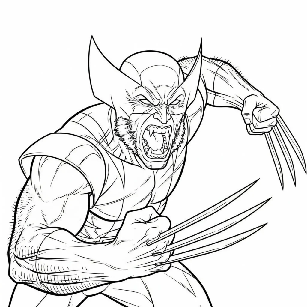 Wolverine brüllt im Kampfmodus mit erhobenen Klauen – ausdrucksstarke Malvorlage zum Ausdrucken für Kinder und Superhelden-Fans