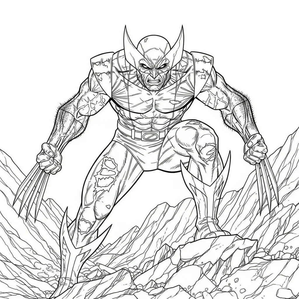 Wolverine mit zerrissenem Kostüm und sichtbaren Krallen nach einem Kampf – detailreiche Malvorlage für Kinder und Fans zum Ausdrucken