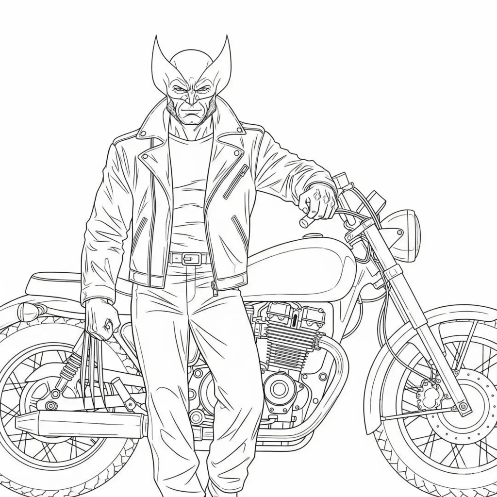 Wolverine steht stolz neben seinem Motorrad, bereit für Action – detailreiche Ausmalvorlage für Kinder und Fans zum Ausdrucken