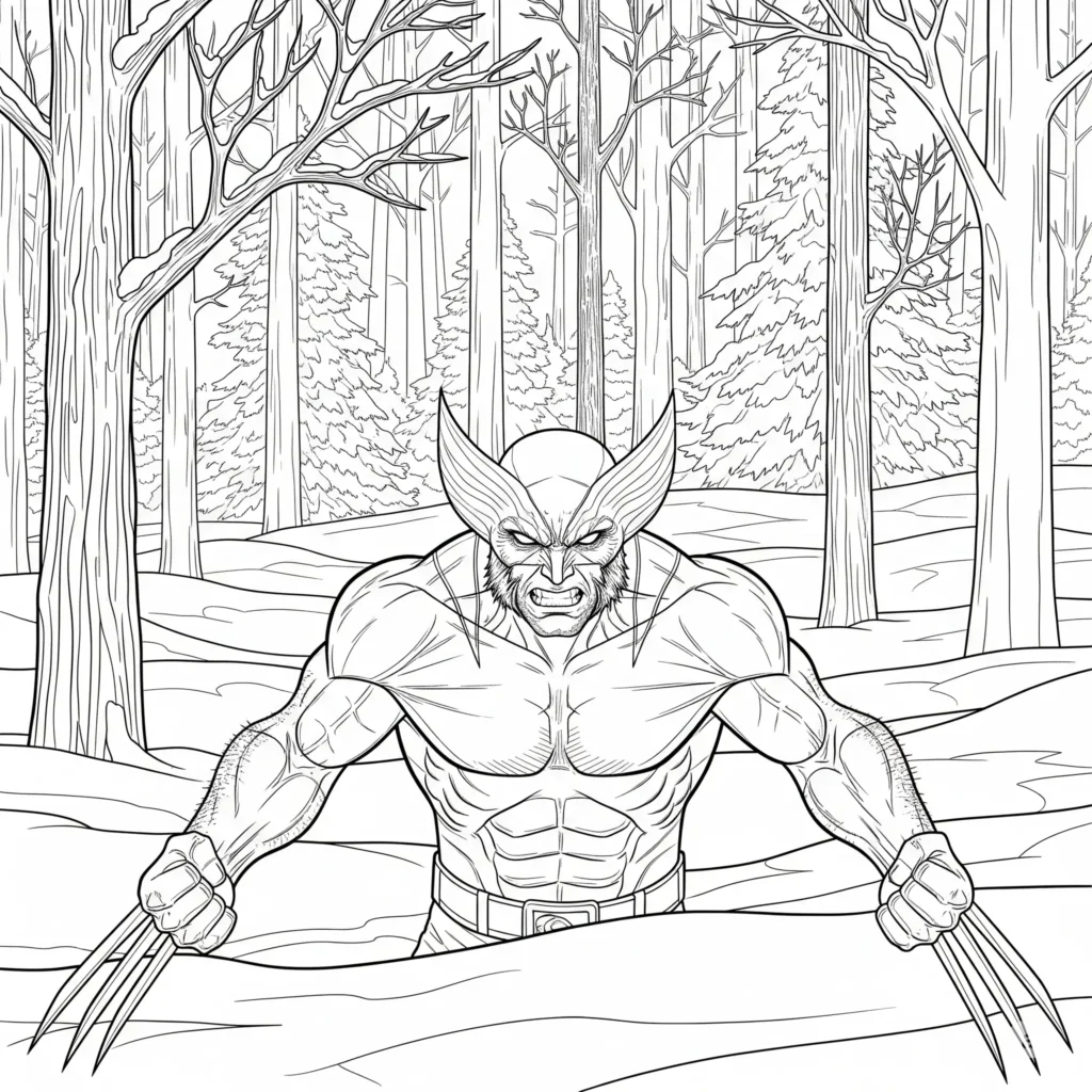 Wolverine steht kampfbereit in einem verschneiten Wald, mit sichtbaren Krallen und entschlossenem Blick – detailreiches Ausmalbild für Kinder zum Ausdrucken