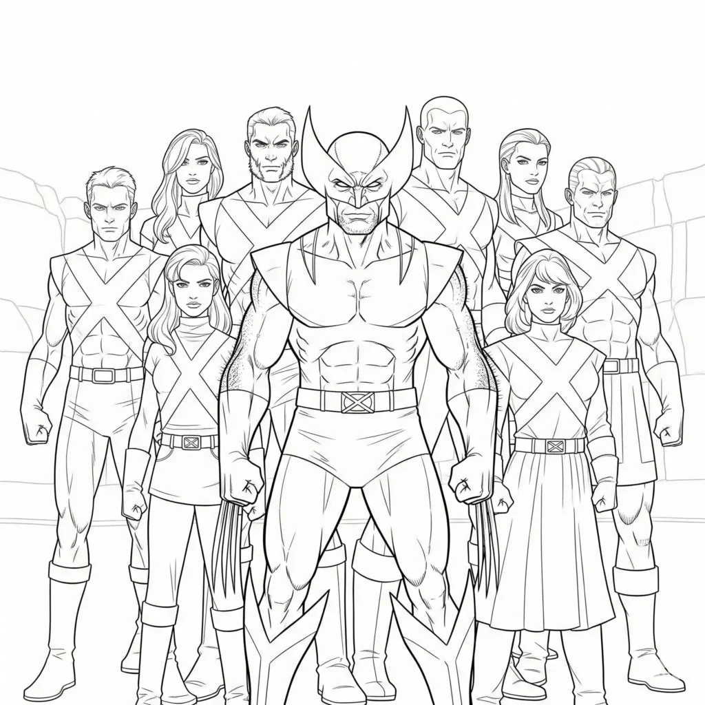 Wolverine in dynamischer Pose zusammen mit dem X-Men Team – detailreiche Malvorlage zum Ausdrucken für Kinder und Superhelden-Fans