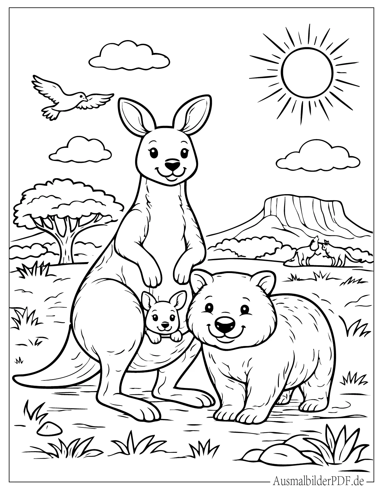 Wombat und Känguru mit Jungem Malvorlage