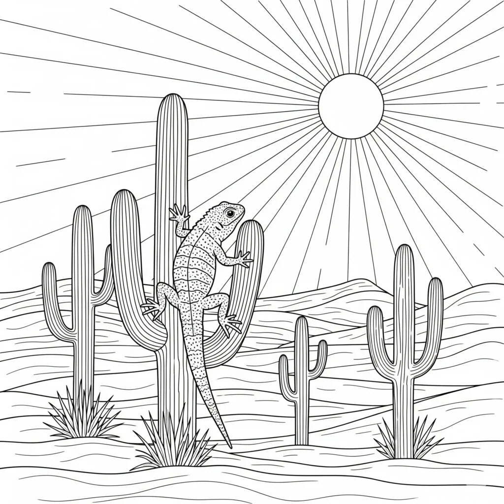 Wüsteneidechse auf Kaktus Ausmalbild zum Ausdrucken, Ideal als Malvorlage PDF zum Ausdrucken und entspannten Ausmalen für Kinder