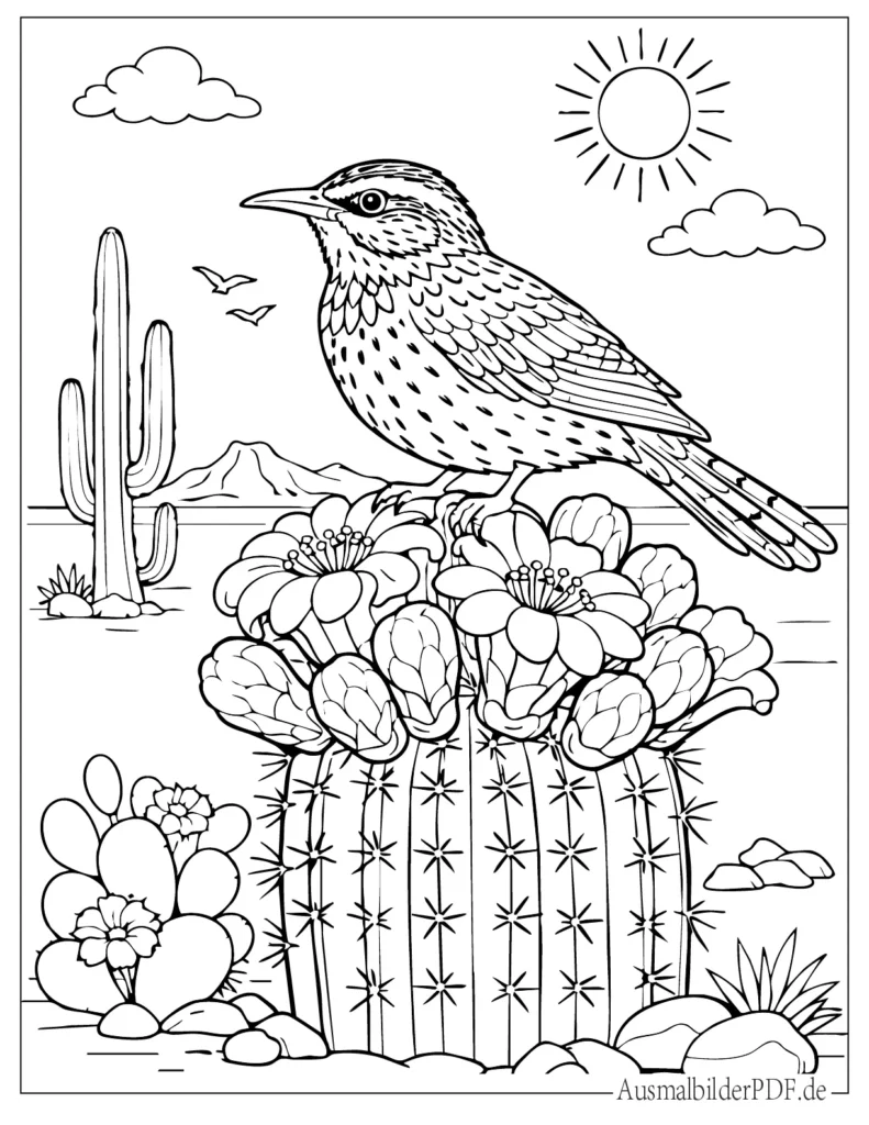 Kaktus Ausmalbilder (Gratis zum Ausdrucken und Ausmalen) Ein kleiner Wüstenvogel sitzt auf einem blühenden Kaktus, liebevolles Ausmalbild für Kinder zum Ausdrucken