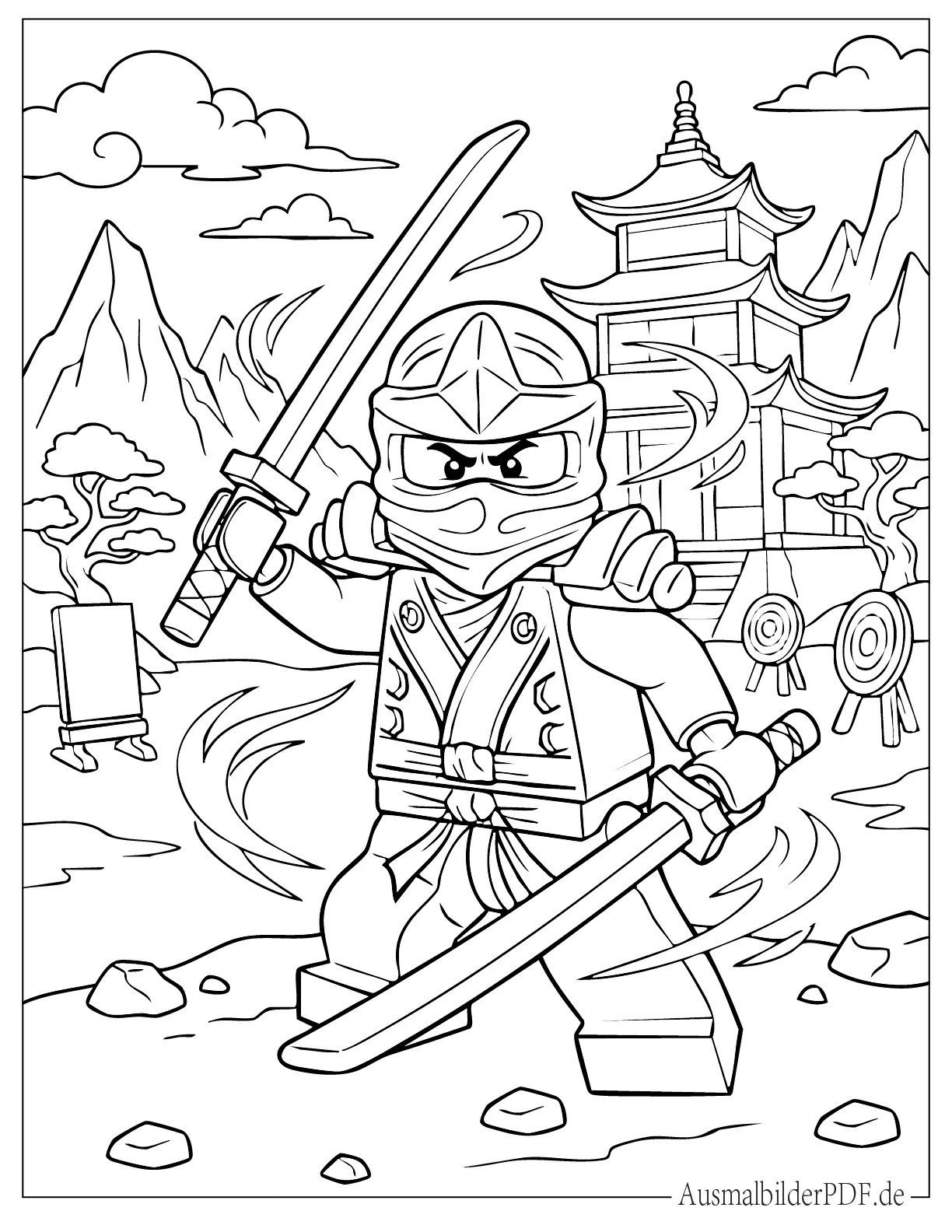 Wütender LEGO Ninjago Ninja mit zwei Schwertern Ausmalbild