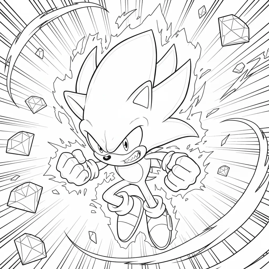 26 Sonic Ausmalbilder (Kostenlos Malvorlage zum Ausdrucken) Super Sonic steht in einer dynamischen Pose, sein Körper leuchtet vor Energie und Wut, bereit zum Angriff. Ideal für Sonic-Fans zum Ausmalen.